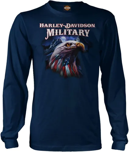 Vista 5 de Harley-Davidson Militar, Tour militar en el extranjero personalizado, águila patriótica azul, camiseta de manga larga Negro