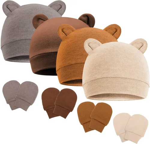 Vista 10 de Conjunto de gorro y mitones para recién nacidos con orejas de oso, gorro para bebé, gorro de hospital para bebé niño o niña, de 0 a 3 meses 4