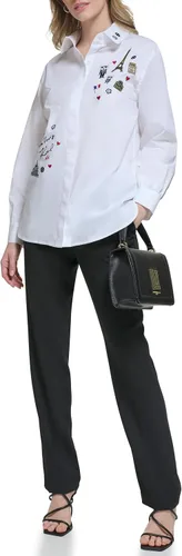 Vista 2 de Karl Lagerfeld Paris Blusa deportiva de manga larga con rayas de popelina para mujer