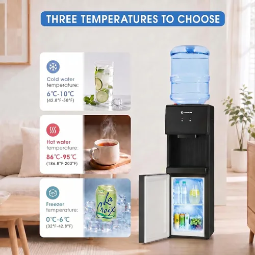 Vista 5 de COSVALVE Dispensador de enfriador de agua, enfriador de agua caliente/fría de carga superior de 5 galones, refrigeración de compresión con gabinete