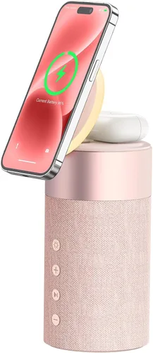 Vista 9 de COLSUR Altavoz Bluetooth, cargador inalámbrico magnético, altavoces Bluetooth con luz nocturna, estación de carga inalámbrica 2 en 1 para iPhone