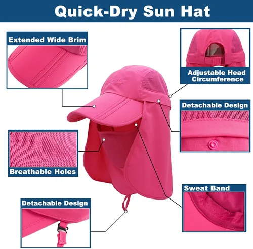 Vista 5 de Surblue Sombrero de pesca con solapa para el cuello, protección UV, protección UV, UPF50+ Rosa rojo