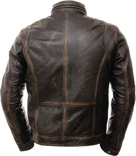 Vista 3 de LP-FACON Chaqueta de cuero vintage con múltiples bolsillos para hombre Chaqueta de cuero envejecido para motocicleta