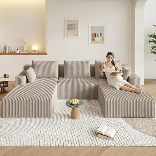 Vista 12 de Sofá modular Cloud de 95 pulgadas con otomana, moderno sofá nube en forma de U con asiento profundo, cómodo sofá de pana de 3 plazas, sofá de espuma