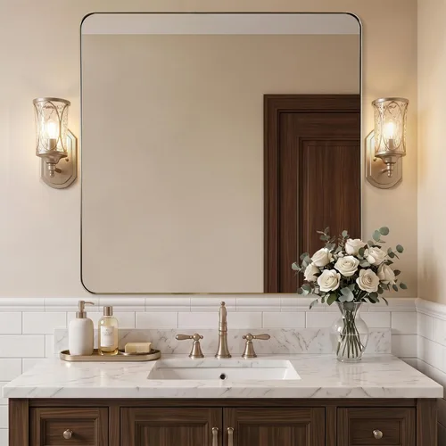 Vista 41 de ANDY STAR Espejo de pared cuadrado para baño, espejo de baño negro mate de 24 x 24 pulgadas, espejo de metal de esquina redondeada en marco de acero