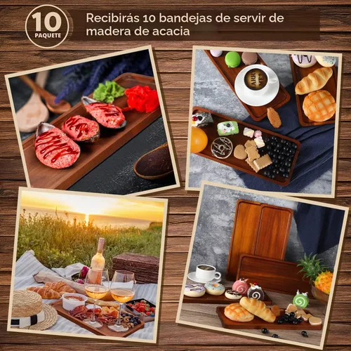 Vista 4 de Marsui - Paquete de 10 bandejas rectangulares de madera maciza, acacia Tablas de madera para exhibición de alimentos, mango ranurado, plato
