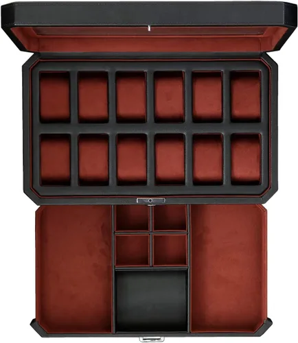Vista 2 de Juego de regalo Caja de reloj de cuero con 12 ranuras con cajón de valet y funda de viaje a juego para 5 relojes, organizador de exhibición de lujo