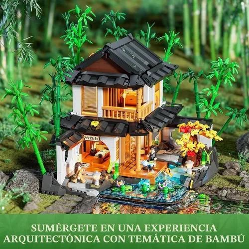 Vista 5 de Lumibricks Set de construcción de casa de bambú con iluminación - Colección de cabaña china retro y casa en el árbol con luz LED, 2432 piezas