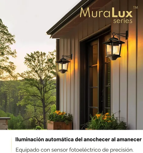 Vista 3 de PASAMIC Paquete de 2 faroles solares de pared, luces colgantes para exteriores con 4 paneles solares, aplique de pared LED del atardecer al Negro