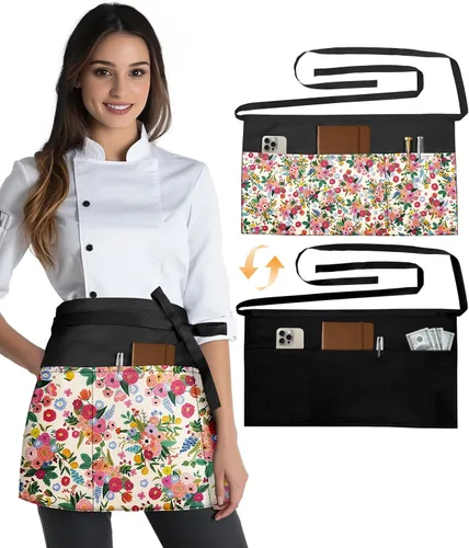 Vista 15 de Slohif Delantal Reversible de Servidor con 6 Bolsillos - Delantal de Cintura para Camarera Mujeres Delantal Corto de Media Porción Camarero