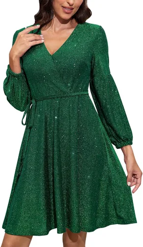 Vista 3 de Dressystar Vestido de lentejuelas con purpurina para mujer, sexy, cuello en V, manga larga, vestido de cóctel y fiesta con cinturón