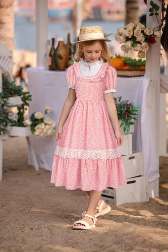 Vista 2 de Scarlet Darkness Disfraz colonial para niña, vestido de pionera, vestido floral victoriano de manga abombada, 7-12 años