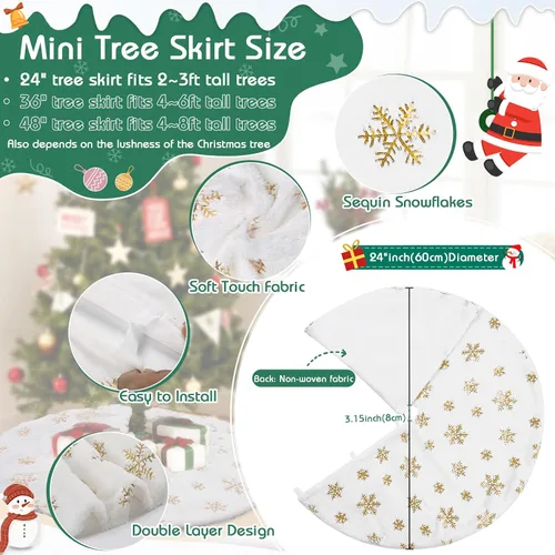 Vista 3 de Falda de árbol de Navidad blanca pequeña de 24 pulgadas, falda de árbol de lentejuelas para árbol de lentejuelas, mini falda de árbol con purpurina