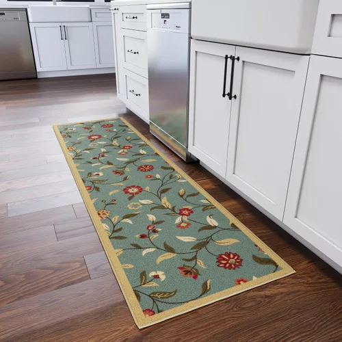 Vista 36 de Ottomanson, colección OttoHome, tapete para corredor con diseño azul claro y damasco (antiderrapante), parte trasera de goma Floral Beige