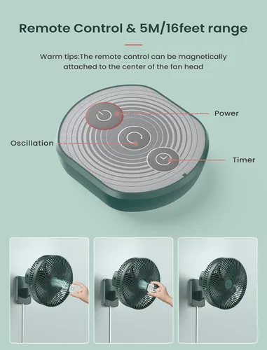 Vista 5 de Comoistar Ventilador pequeño oscilante de 10 pulgadas para montaje en pared con control remoto y temporizador, 4 velocidades, adaptador incluido