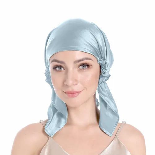 Vista 4 de SissiLita Gorro de seda 100% para dormir, gorro de seda grande con banda de amarre para el cuidado del cabello rizado (azul)