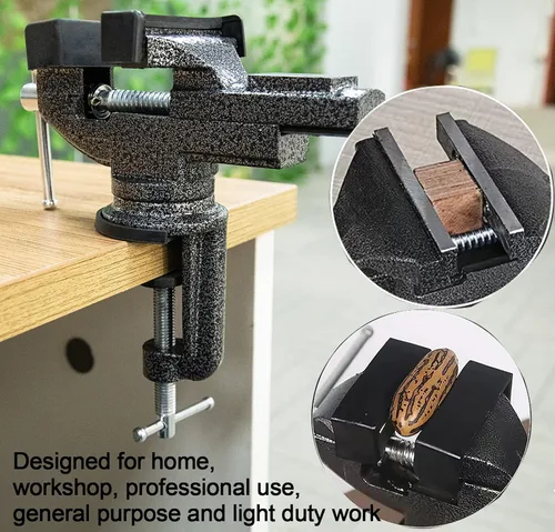 Vista 6 de Tornillo de mesa universal de 3 pulgadas, tornillo de banco portátil con abrazadera, base giratoria de 360°, herramienta fija para carpintería
