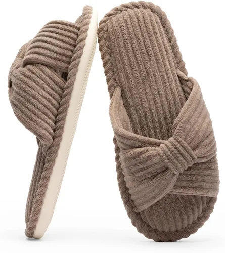 Vista 16 de Chantomoo Pantuflas para mujer, de espuma viscoelástica, para el hogar, dormitorio, baño, spa, puntera abierta, con lazo de pana, acogedoras