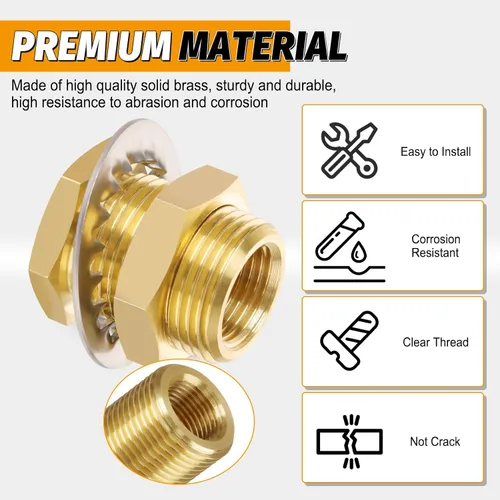 Vista 3 de KOOTNAS Paquete de 2 Accesorios de Mamparo de Latón Macizo, 1/2 NPT Cónico Hembra 1" Rosca Macho Recta Conector de Latón con Anillo Ondulado