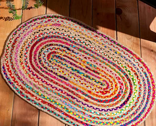 Vista 4 de Savi Home Farmhouse - Alfombra Chindi de algodón de yute de 4 x 6 pulgadas, ovalada, multicolor, tejida a mano, alfombra trenzada para sala