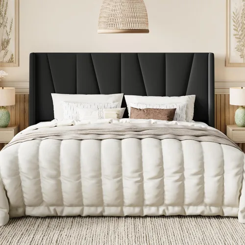 Vista 17 de SHA CERLIN Base de cama tamaño Queen con cabecera geométrica con respaldo de ala, plataforma tapizada con soporte de listones de madera, espacio Gris