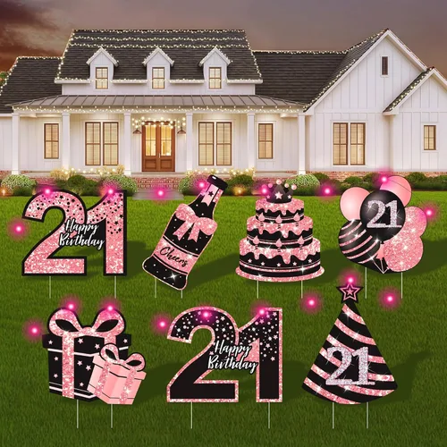 Vista 25 de Decoraciones de cumpleaños número 13 para niñas - 7 piezas de letreros de cumpleaños rosas para el patio con estacas, 2 piezas de luces LED Rosa 13