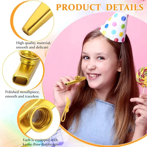Vista 3 de 24 piezas de metal dorado y plateado Kazoo con cordones, instrumentos musicales, boca, buen compañero para guitarra, violín, piano, regalos