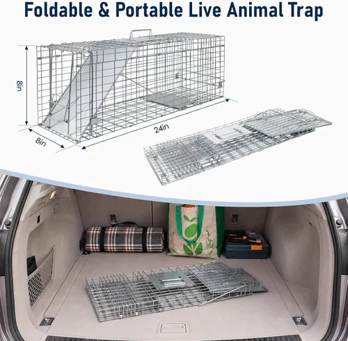 Vista 2 de 24'' Live Animal Trap, Humane Collapsible Raccoon Stray Cat Cage
