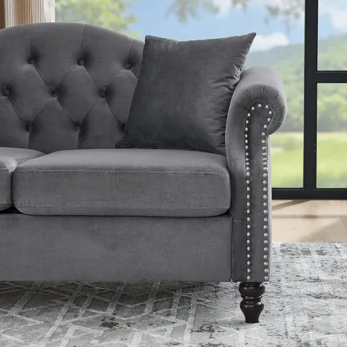 Vista 7 de Sofá Chesterfield de terciopelo gris de 79 pulgadas para sala de estar, 2 piezas, sofá de 3 plazas, con botones copetudos, respaldo curvado, brazos