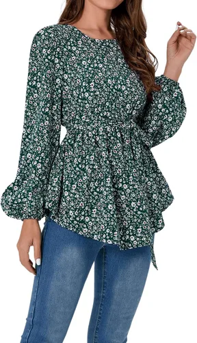 Vista 5 de MakeMeChic Camisa de maternidad floral de manga larga con cinturón para embarazo, blusa peplum