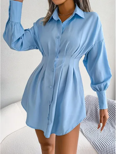 Vista 6 de TOPINCN Minivestido tipo camisa con cuello en V para mujer, estilo casual, manga larga, botones, fruncido, longitud hasta la rodilla, vestido
