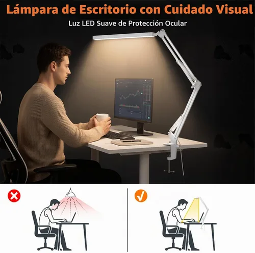 Vista 7 de TROPICALTREE Lámpara de escritorio LED para oficina en casa, con abrazadera y 3 modos de luz Lámpara de 14W con brillo ajustable de 5000K
