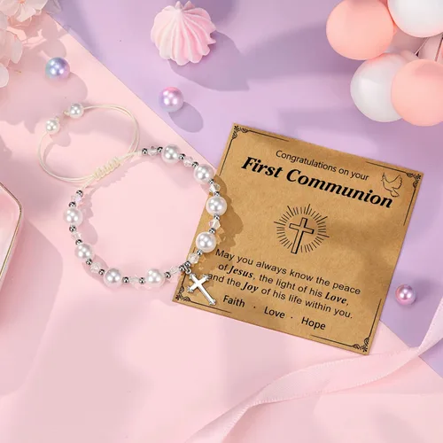 Vista 5 de UNGENT THEM Regalos de bautismo para niñas, pulseras de regalos de primera comunión para niñas, pulsera de cruz
