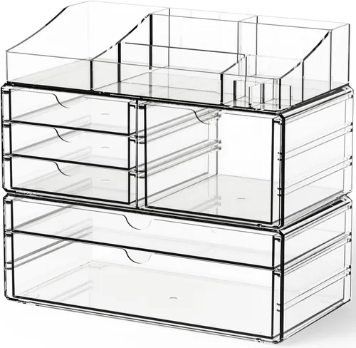 Vista 9 de Yieach Organizadores de maquillaje acrílico para mostrador, escritorio y tocador, paquete de 2 organizadores apilables para encimera de baño
