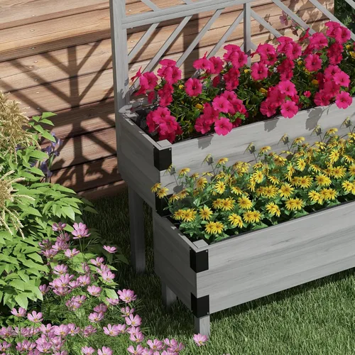 Vista 8 de Outsunny Cama de jardín elevada de 2 niveles con enrejado, maceta elevada de madera con agujeros de drenaje, forros, esquinas de metal, maceta