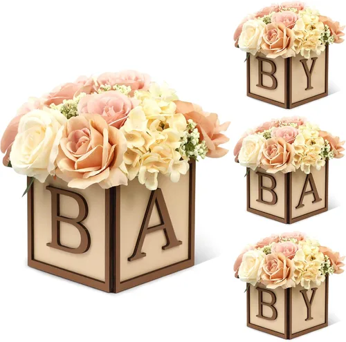 Vista 10 de Juego de 4 centros de mesa de baby shower para mesas, cajas de madera de 6 pulgadas con letras de bebé, cubos rústicos, bloques de madera para Rosa