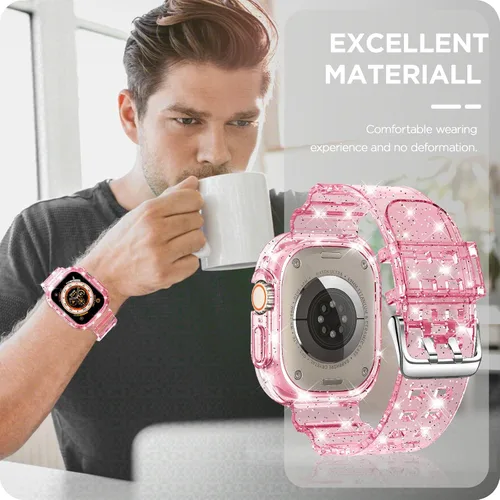 Vista 34 de DABAOZA - Correa transparente compatible con Apple Watch con estuche protector, correa deportiva de TPU con brillo para mujeres y hombres