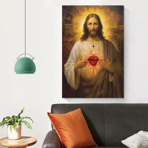 Vista 5 de Reccmeny Lienzo religioso del Sagrado Corazón de Jesús, cuadro de Cristo, arte de pared, pintura de Dios cristiano, foto para decoración de la sala