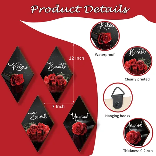 Vista 4 de ONIZHITY Juego de 4 decoración de pared de madera con rosas rojas para decoración de pared, diseño rústico, romántico, floral, decoración de pared
