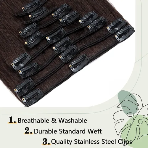 Vista 3 de S-noilite Extensiones de cabello humano con broches, cabello humano corto con clip, para mujer, cabello humano 100% Remy, cobertura de cabeza Marrón