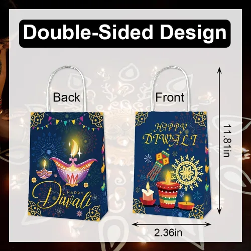 Vista 2 de Paquete de 12 bolsas de regalo con palabras de Diwali Happy Diwali, bolsa de regalo para festival de luces, bolsas de regalo de dulces con asas