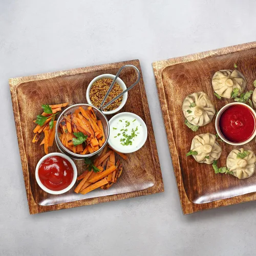 Vista 2 de Crocon Juego de 2 platos cuadrados de madera, platos de madera de 8 y 11 pulgadas, platos de madera para aperitivos de ensalada de frutas, platos