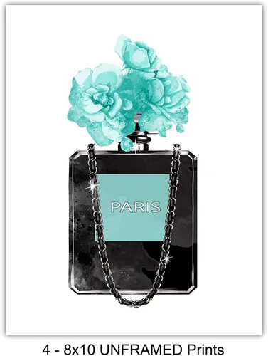 Vista 4 de Arte de pared glam azul - Perfume de diseñador, zapatos, bolsos - Regalo de diseño de alta moda para fashionista - Decoración de pared de lujo