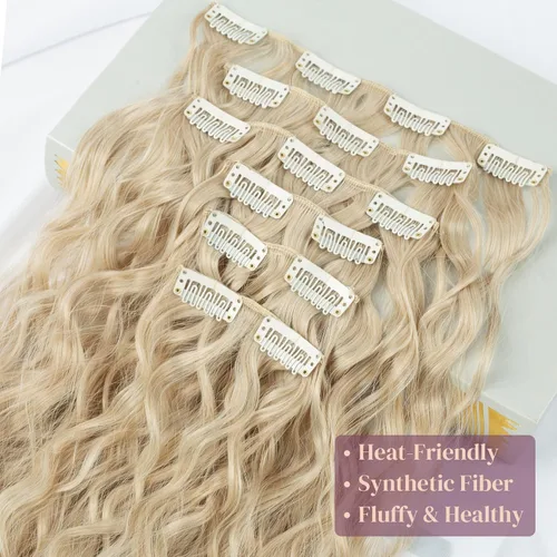 Vista 3 de LONAI - Extensiones de cabello con clip, 6 piezas, rizadas, de 24" de largo, sintéticas, para mujer, color rubio ceniza natural