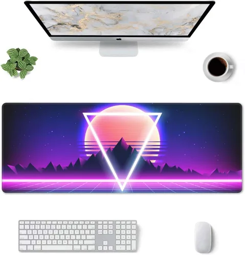 Vista 2 de Alfombrilla de mouse retro Vaporwave para videojuegos, alfombrilla de escritorio fresca Synthwave Neon grande XL larga extendida alfombrilla