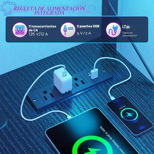 Vista 6 de DurayLoly Escritorio en forma de L para juegos con luz LED y toma de corriente, escritorio reversible en forma de L para computadora de 43.3