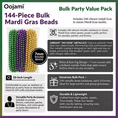 Vista 4 de Oojami 144 cuentas de Mardi Gras a granel, collares metálicos redondos de 33 pulgadas de 0.276 in, regalos de fiesta dorados, verdes y morados