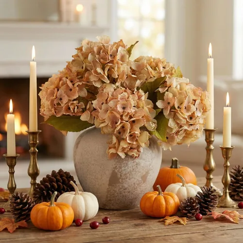 Vista 5 de TOPIA Flores de otoño de seda, hortensias secas artificiales, ramo de otoño, flores secas falsas para decoración del hogar (6 unidades)