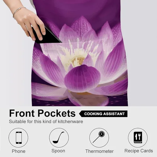 Vista 5 de MUSM Lotus Flower Purple Apron，Classic Vintage Funny with Pockets Aprons,Adjustable Bib Waterdrop Resistant for Kitchen Cooking Restaurant BBQ