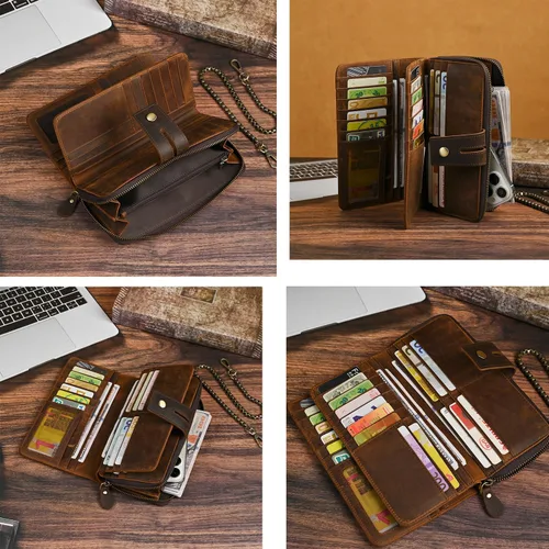 Vista 28 de Genuino Caballo Loco Cuero Regalo de Viaje Moneda Bolsillo Tarjetero Organizador Largo Cadena Rfid Cartera Monedero Con Broche Para Hombres Hombres